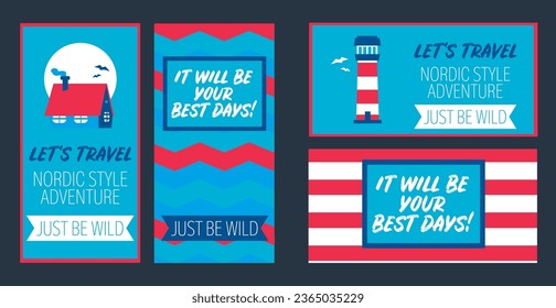 Set of four cards for nordic style travels, old fashioned style, can be used for touristic agency, vector illustration