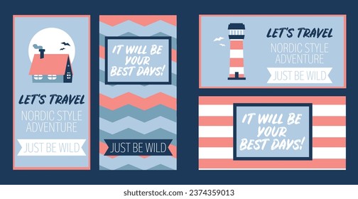 Set of four cards for nordic style travels, old fashioned style, can be used for touristic agency, vector illustration