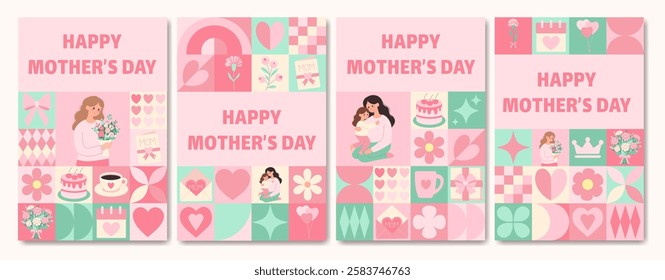 A set of four cards with a pink background and a variety of images of women and children. The cards are titled Happy Mother's Day and feature a woman holding a bouquet of flowers