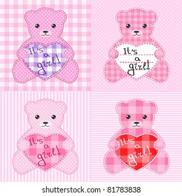 Set of four cards with pink teddy bears for girl. You can change text and make birthday card, baby shower invitation, arrival announcement etc.