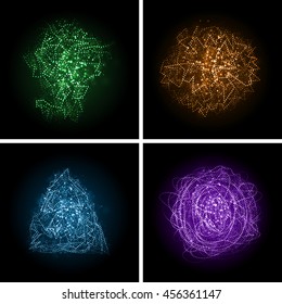 Set of four Cards with Sparkling Neon Effects, Vector Abstract Illustration.