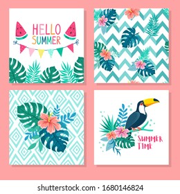 Set of four cards, summer theme. Tropical plants and birds