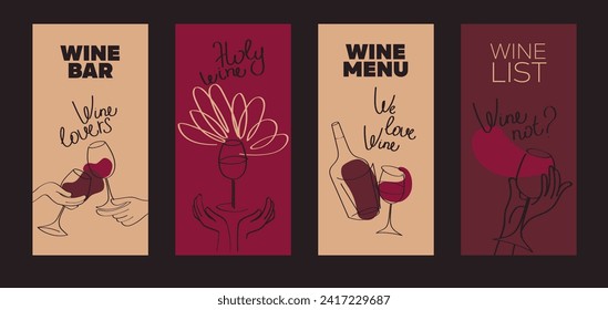 Set of four cards for wine bar and wine lovers, can be used for wine shop or wine festival, vector illustration