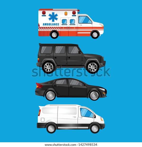 Set of four cars. Ambulance cars sedans and\
vans. Vector illustration