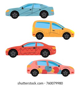 A set of four cars painted in different colors. Vector illustration