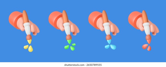 Set of four cartoon 3D hands holding paintbrushes dripping yellow, green, blue, and red paint on blue background.