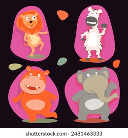 Set of Four Cartoon Animal Characters like as Lion, Zebra, Elephant and Hippopotamus on Dark Background.