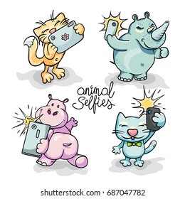 Set of four cartoon animals taking selfie on smart phone. Vector hand-drawn illustration
