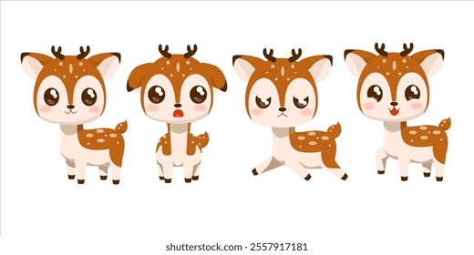 Set of four cartoon baby deer with different facial expressions. Cute animal illustration in flat vector. Wildlife and children's design concept