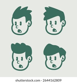 Set of four cartoon boy face icons with surprised expression in retro style. Great for mascot, kids brand, or character design. EPS vector format for easy editing