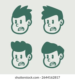 Set of four cartoon boy face icons with surprised expression in retro style. Great for mascot, kids brand, or character design. EPS vector format for easy editing