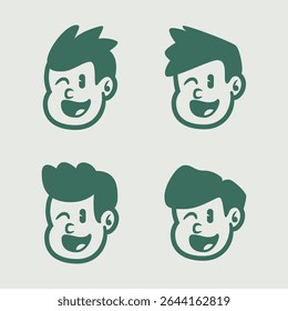 Set of four cartoon boy face icons with surprised expression in retro style. Great for mascot, kids brand, or character design. EPS vector format for easy editing