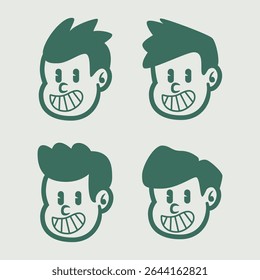 Set of four cartoon boy face icons with surprised expression in retro style. Great for mascot, kids brand, or character design. EPS vector format for easy editing