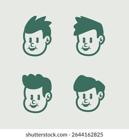 Set of four cartoon boy face icons with surprised expression in retro style. Great for mascot, kids brand, or character design. EPS vector format for easy editing