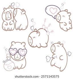 a set of four cartoon capybaras with hearts