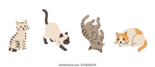 Conjunto de cuatro gatos de dibujos animados. Ilustración vectorial plana de mascotas felinas juguetonas y relajadas