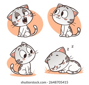 Conjunto de quatro gatos de desenho animado em círculos pastel macio com humor lúdico e sonolento, expressões animais kawaii, Ilustração Vetor

