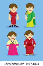 Set of four cartoon characters in traditional asian national outfits, Chinese cheongsam, Indian Sari, Korean Hanbok and Japanese Kimono isolated on blue plain background