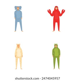 Set of four cartoon characters wearing cute animal onesies, isolated on white