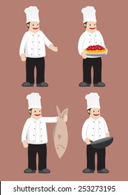 Set of four cartoon chef in white double-breasted jacket chef uniform and toque. Vector illustration isolated on grey background.