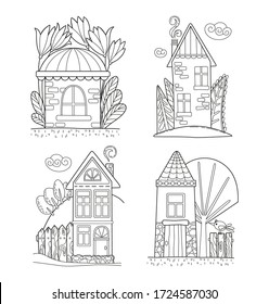 Set of four cartoon coloring page with cute houses. Vector illustration