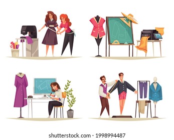 Set of four cartoon compositions with atelier tools tailor seamstress taking measurements isolated vector illustration