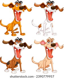 A set of four cartoon dogs with open mouths and sharp teeth, isolated on a white background