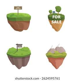 Set of four cartoon floating islands with 'for sale' signs, isolated on a white background