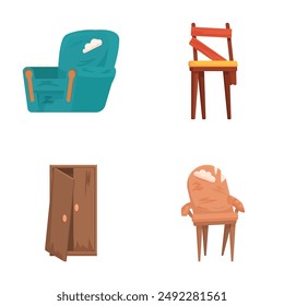 Conjunto de cuatro ilustraciones de muebles de dibujos animados que incluyen un sillón, taburete, armario y silla