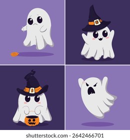 Set of four cartoon ghosts with different Halloween-themed expressions and poses. The ghosts are wearing witch hats and one is holding a pumpkin bucket.