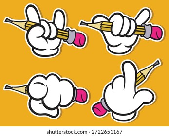 Um conjunto de quatro mãos enluvadas de desenho animado segurando um lápis amarelo em vários gestos criativos. Perfeito para arte, design, educação e conceitos de esboço. Ilustração vetorial de alta qualidade para adesivos, mascotes e projetos criativos.