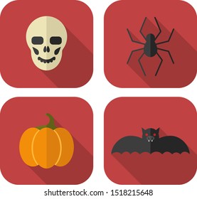 Set of four cartoon halloween icons on red background with shadow: human skull, spider, pumpkin, bat, vector graphics, vector illustration