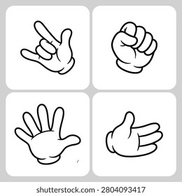 A set of four cartoon hands depicted in black line art, each making a different hand gesture on a white background.