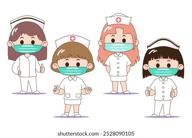 Um conjunto de quatro profissionais de saúde de desenho animado com máscaras, mostrando a diversidade em uniformes e penteados, ideal para projetos com temática médica.