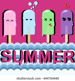 Set of four cartoon ice cream with faces on pink background with text summer