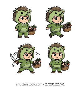 Um conjunto de quatro ilustrações de desenho animado de um personagem de ouriço bonito em poses diferentes, segurando uma cesta de vegetais.