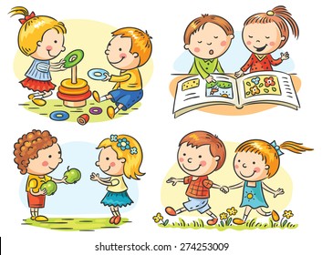 Set of four cartoon illustrations with kids' communication and common activities, no gradients