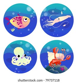 Set of four cartoon illustrations related to sea life - fish, calamari, octopus and soldier crab