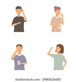 Set of four cartoon illustrations showing individuals with puzzled expressions, some holding their heads
