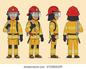 Un conjunto de cuatro ilustraciones de dibujos animados que muestran a un bombero con equipo completo desde el frente, la espalda y las vistas laterales.