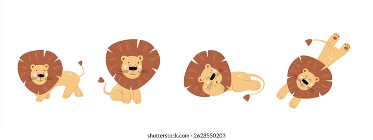 A set of four cartoon lions. Each lion features a distinct pose, from a proud stance to a relaxed lying position. The lions are illustrated with cheerful expressions and warm colors