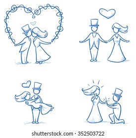 Set of four cartoon love wedding couples for engagement or marriage invitation, save the date card. Hand drawn vector illustration