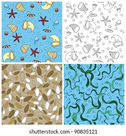 Set of four cartoon marine seamless patterns