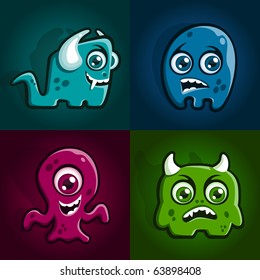 Set of four cartoon monster characters creatures