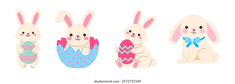 A set of four cartoon rabbits holding eggs. The first rabbit is holding an egg in its mouth, the second is holding an egg in its paws, the third is holding an egg in its mouth