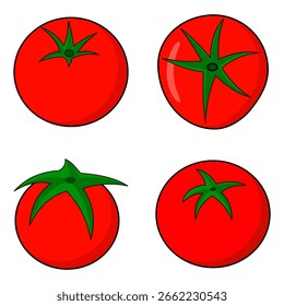 Conjunto de cuatro tomates rojos de dibujos animados con Subgrupos verdes aislados sobre fondo blanco.