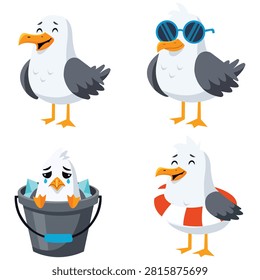 Set of four cartoon seagull characters wearing sunglasses and standing in a bucket, perfect for coastal summer themed designs, children's stickers, and playful nature illustrations.