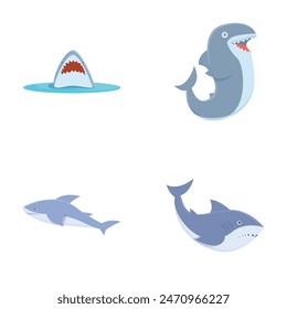 Set of four cartoon shark illustrations isolated on white, including shark fin, and different shark poses