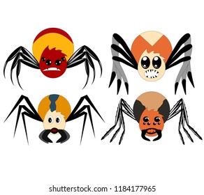 A set of four cartoon spiders of different shapes and colors, kind and evil spiders to helloween