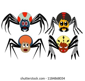 A set of four cartoon spiders of different shapes and colors, kind and evil spiders to helloween